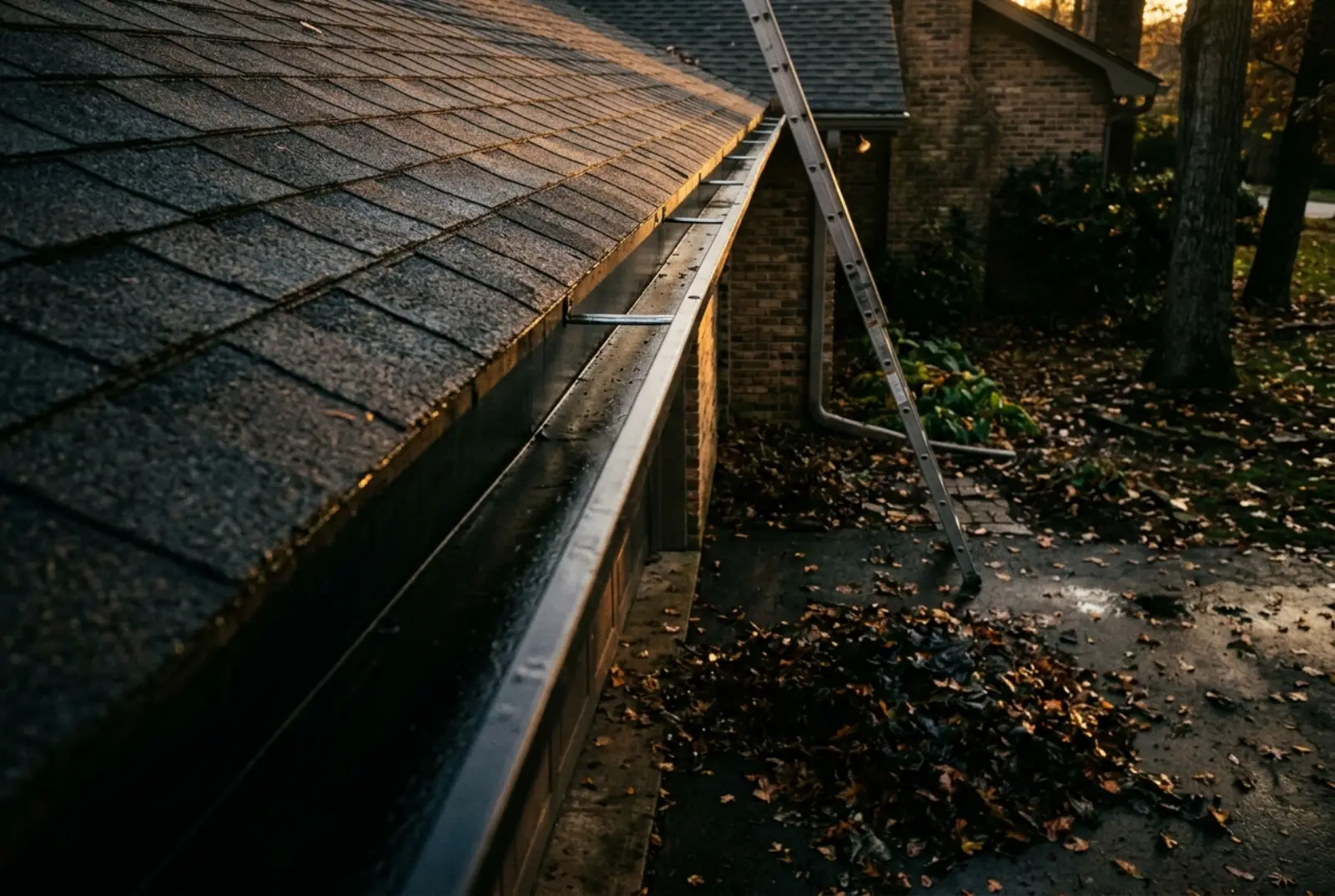 Residential gutter run along a roof edge in warm late afternoon light