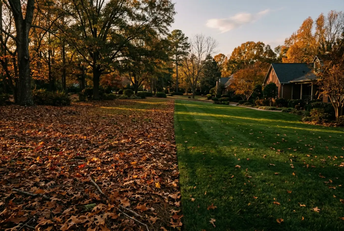 Autumn Georgia yard half covered in fallen oak leaves with the other half cleared to green turf